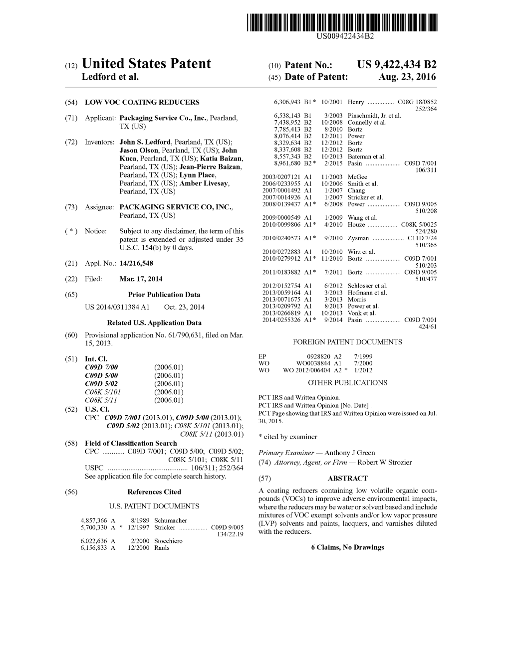 (12) United States Patent (10) Patent No.: US 9.422,434 B2 Ledford Et Al