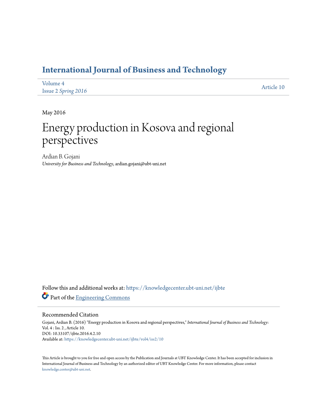 Energy Production in Kosova and Regional Perspectives Ardian B