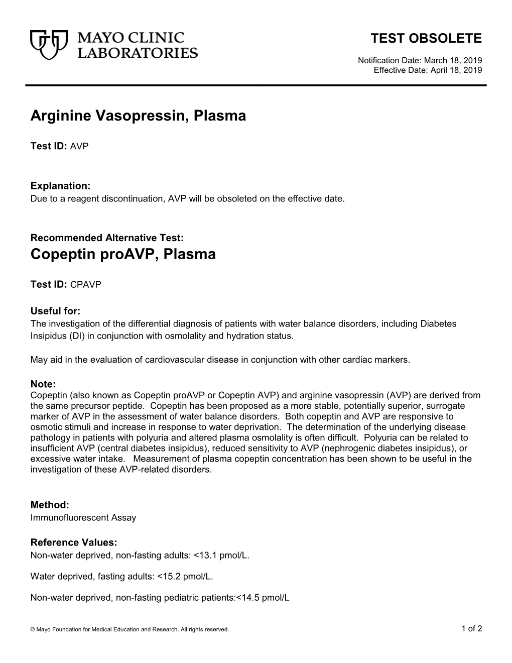 Arginine Vasopressin, Plasma Copeptin Proavp, Plasma