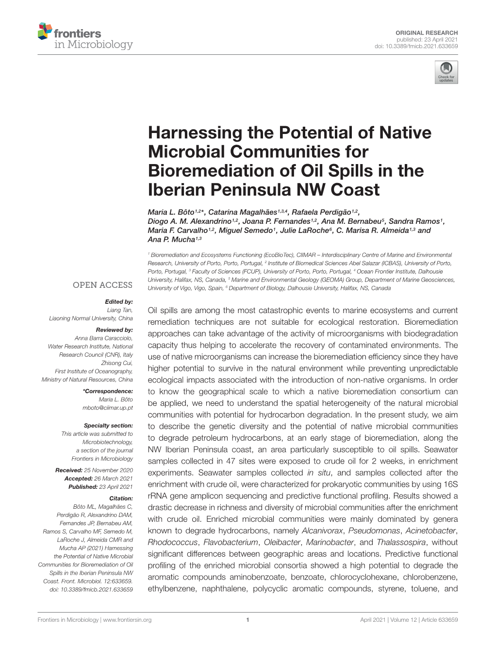 Harnessing the Potential of Native Microbial Communities for Bioremediation of Oil Spills in the Iberian Peninsula NW Coast