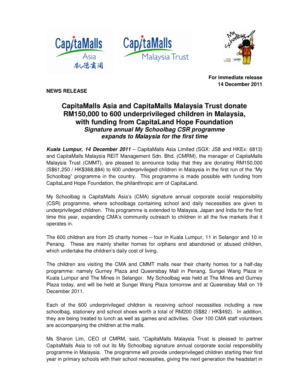 Capitamalls Asia and Capitamalls Malaysia Trust Donate RM150,000