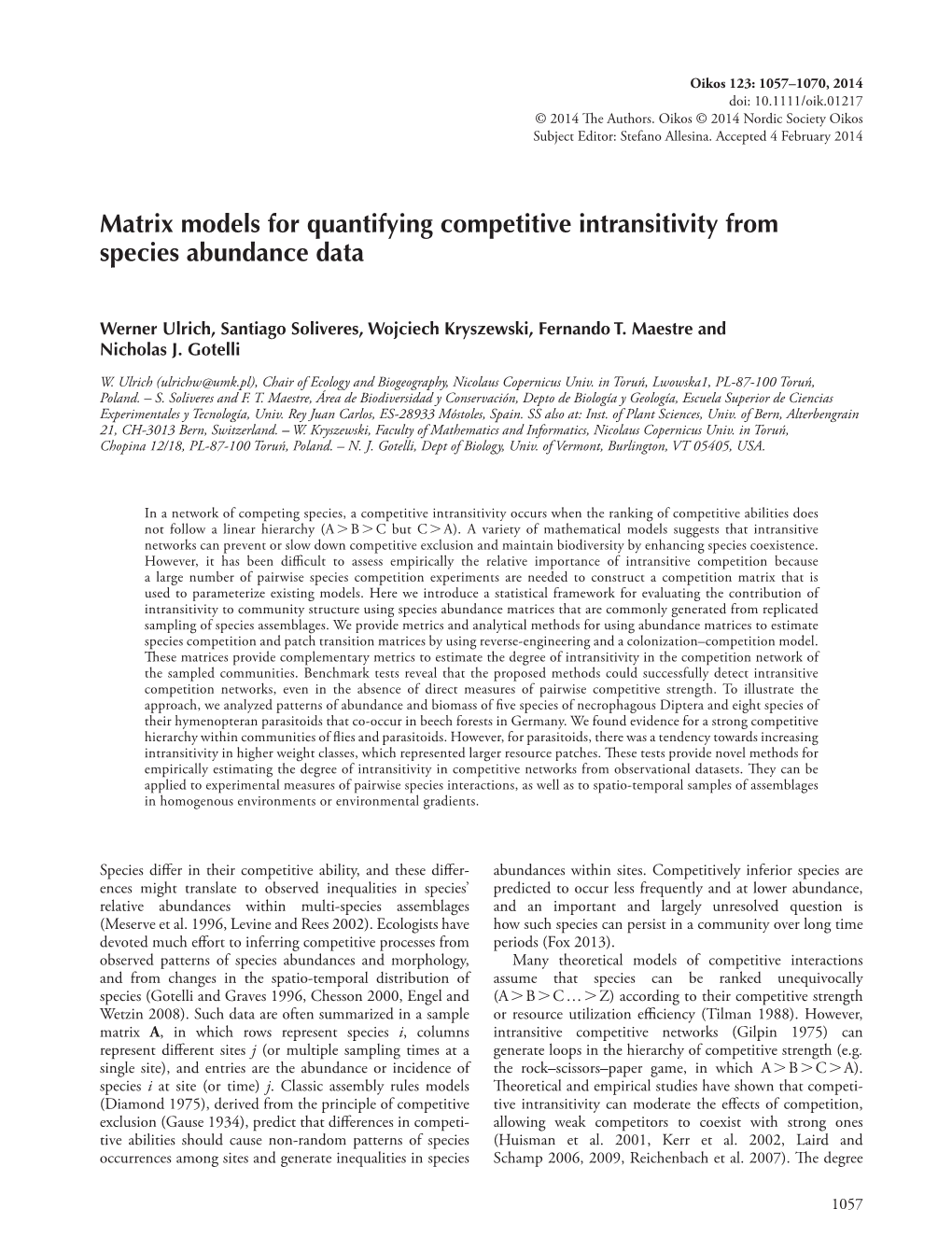 Matrix Models for Quantifying Competitive Intransitivity from Species Abundance Data