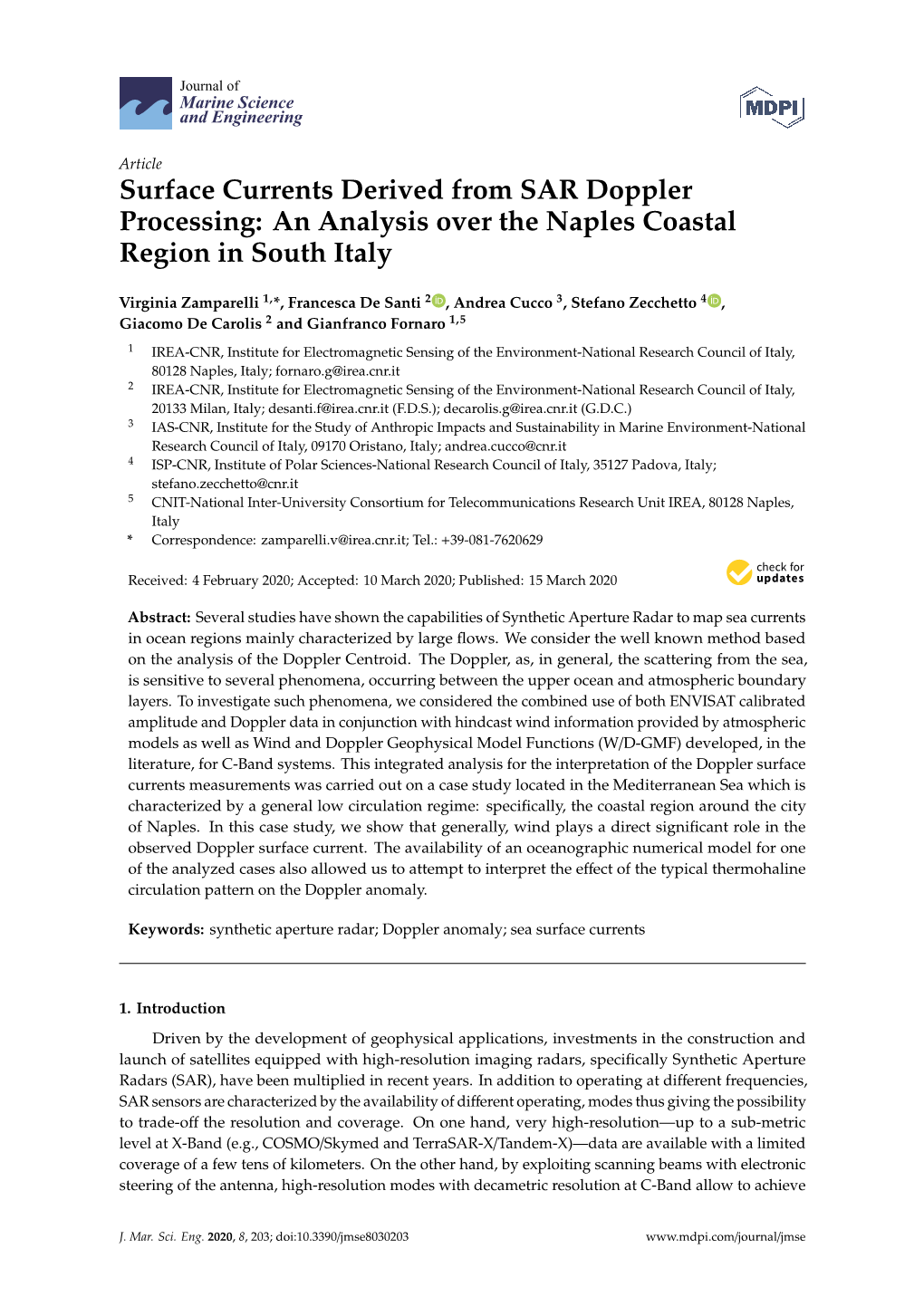 Surface Currents Derived from SAR Doppler Processing: an Analysis Over the Naples Coastal Region in South Italy