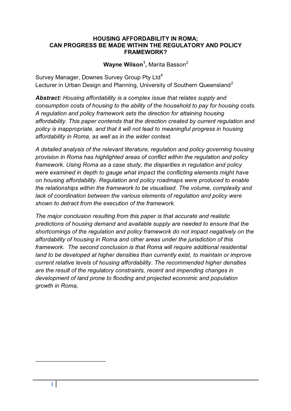 Housing Affordability in Roma; Can Progress Be Made Within the Regulatory and Policy Framework?