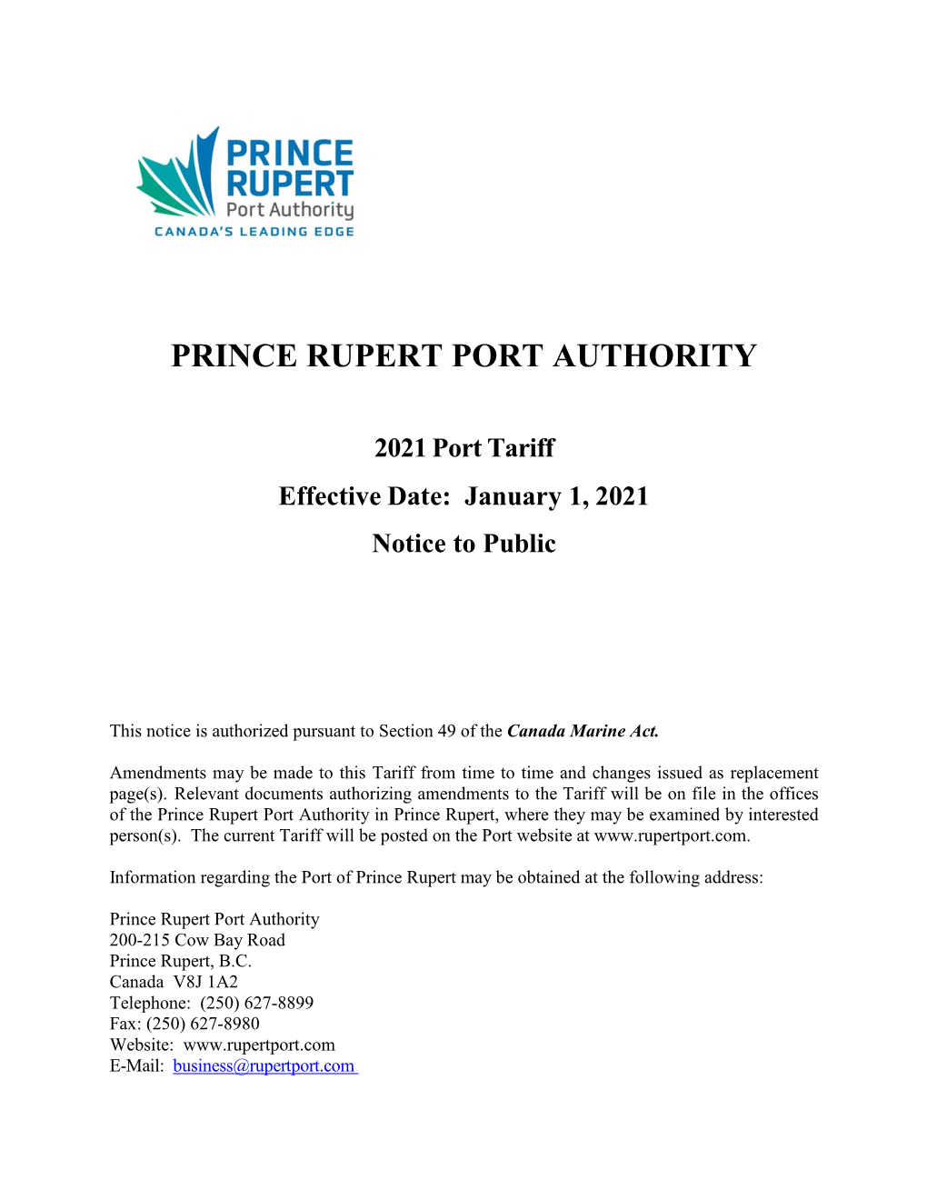 2021 Port Tariff Effective Date: January 1, 2021 Notice to Public