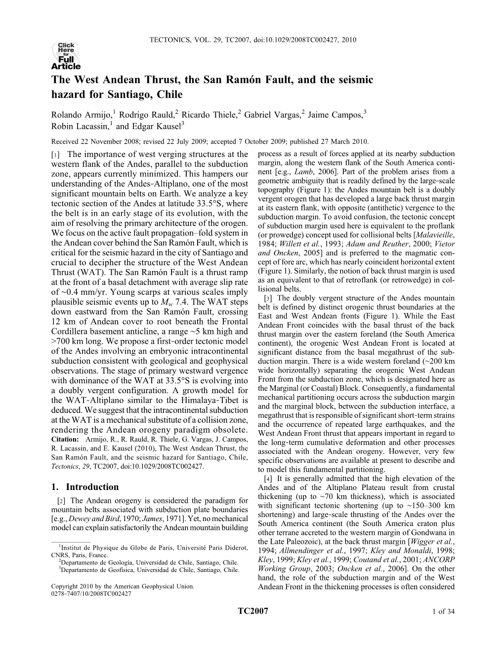 The West Andean Thrust, the San Ramón Fault, and the Seismic Hazard for Santiago, Chile