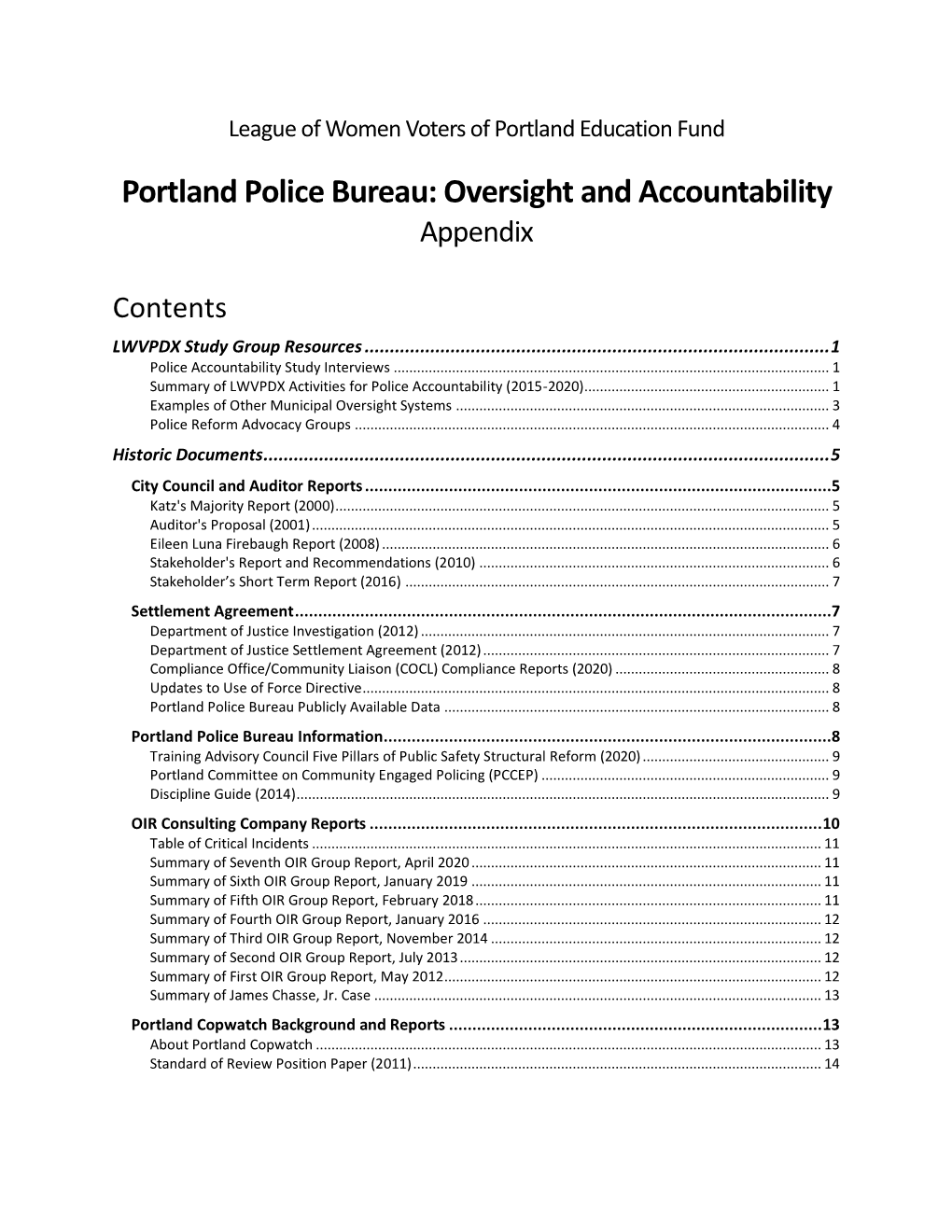 Portland Police Bureau: Oversight and Accountability Appendix