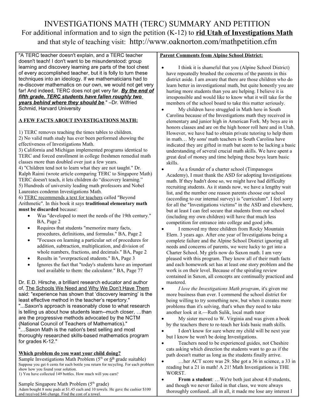 Investigations Math (Terc) Summary and Petition