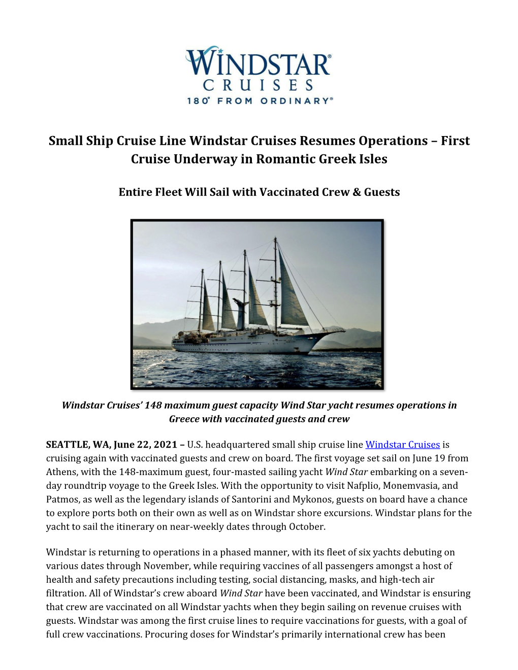 Small Ship Cruise Line Windstar Cruises Resumes Operations – First Cruise Underway in Romantic Greek Isles