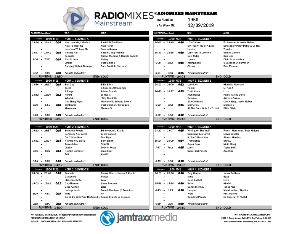 RADIOMIXES MAINSTREAM Show Number: 1950 for Air Week Of: 12/09/2019