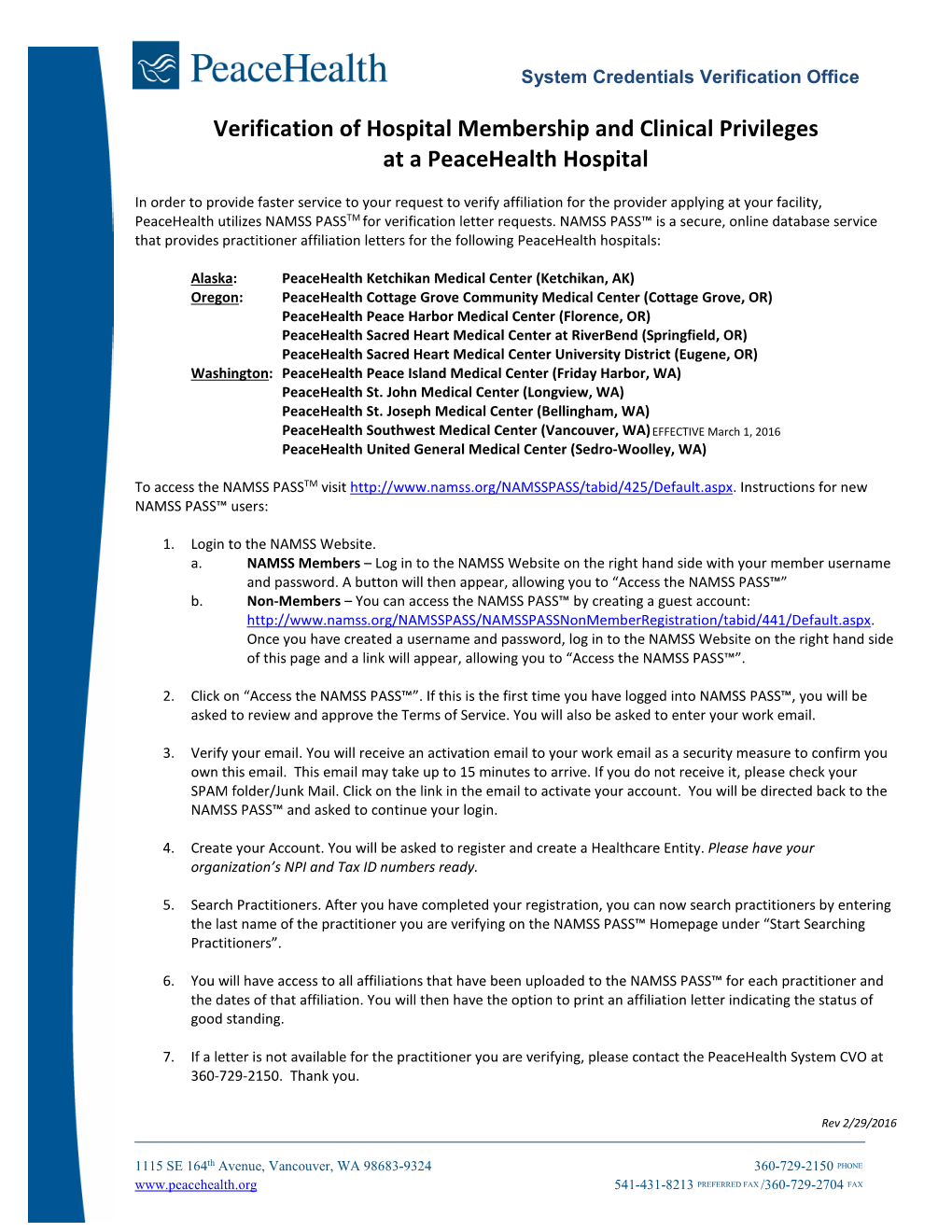 Verification of Hospital Membership and Clinical Privileges at a Peacehealth Hospital