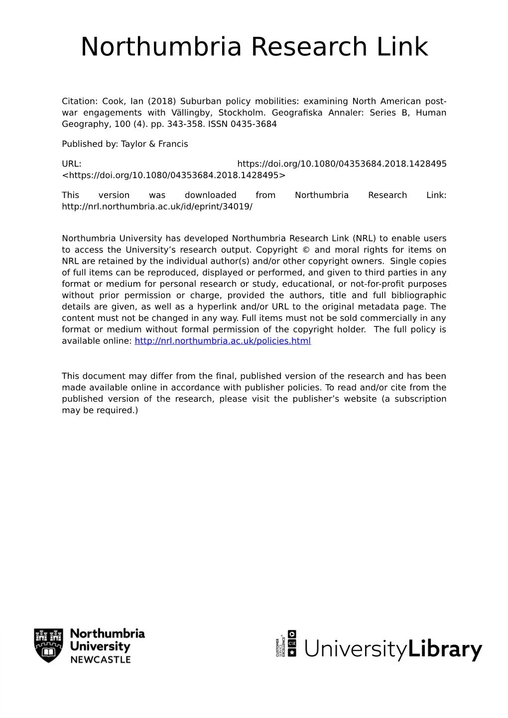 Suburban Policy Mobilities: Examining North American Post-War Engagements with Vällingby, Stockholm