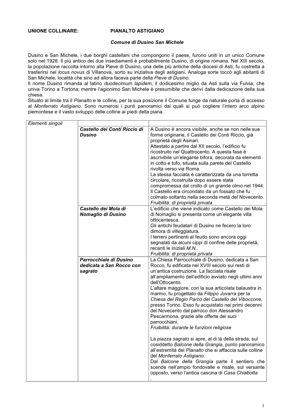 1 UNIONE COLLINARE: PIANALTO ASTIGIANO Comune Di Dusino San