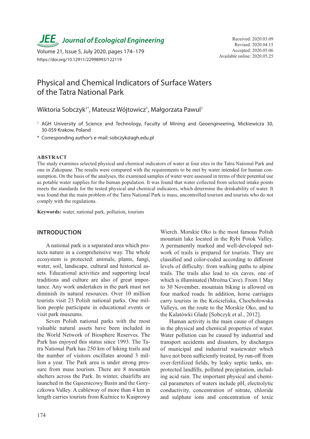 Physical and Chemical Indicators of Surface Waters of the Tatra National Park