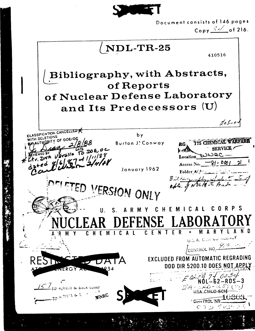 Bibliography, with Abstracts, of Reports of Nuclear Defense 1Ab0rjt0r% and Its Predecessors (U)