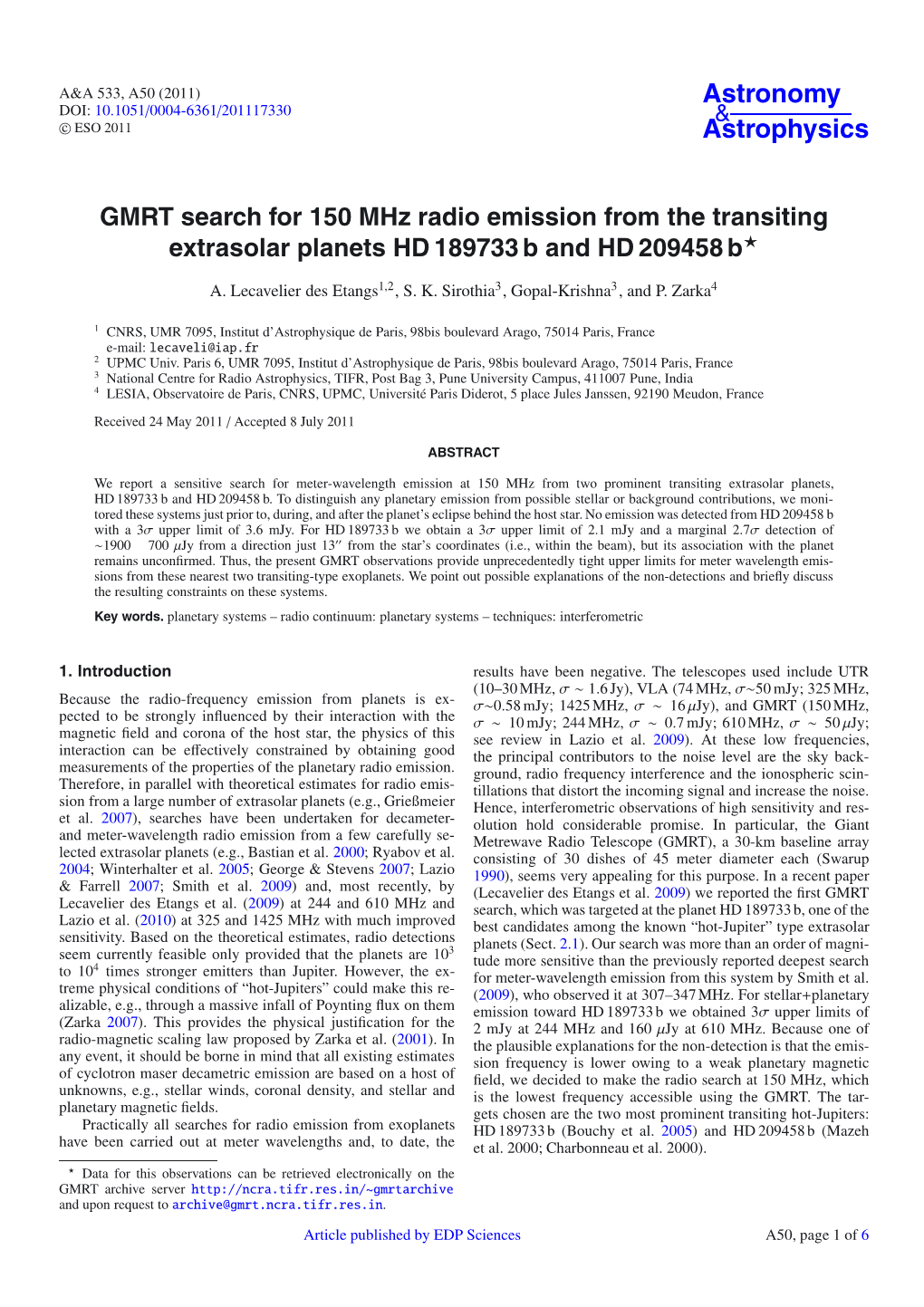 GMRT Search for 150 Mhz Radio Emission from the Transiting Extrasolar Planets HD 189733 B and HD 209458 B