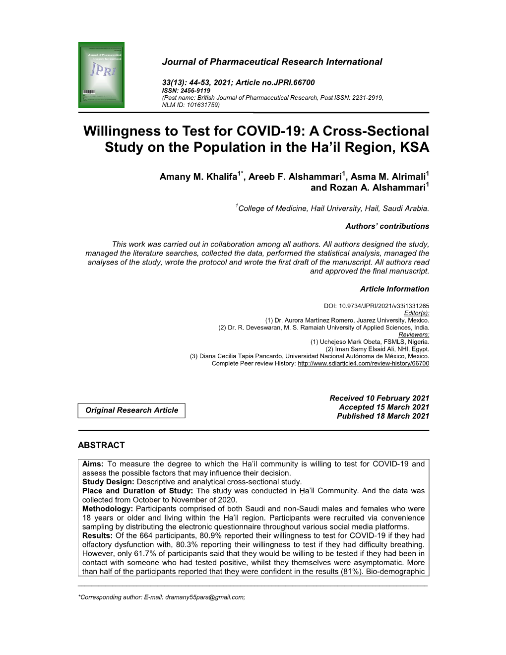 Willingness to Test for COVID-19: a Cross-Sectional Study on the Population in the Ha’Il Region, KSA