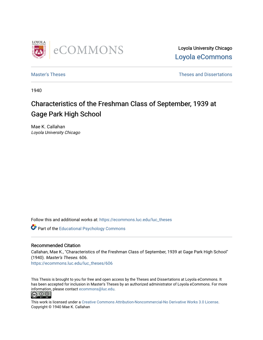 Characteristics of the Freshman Class of September, 1939 at Gage Park High School