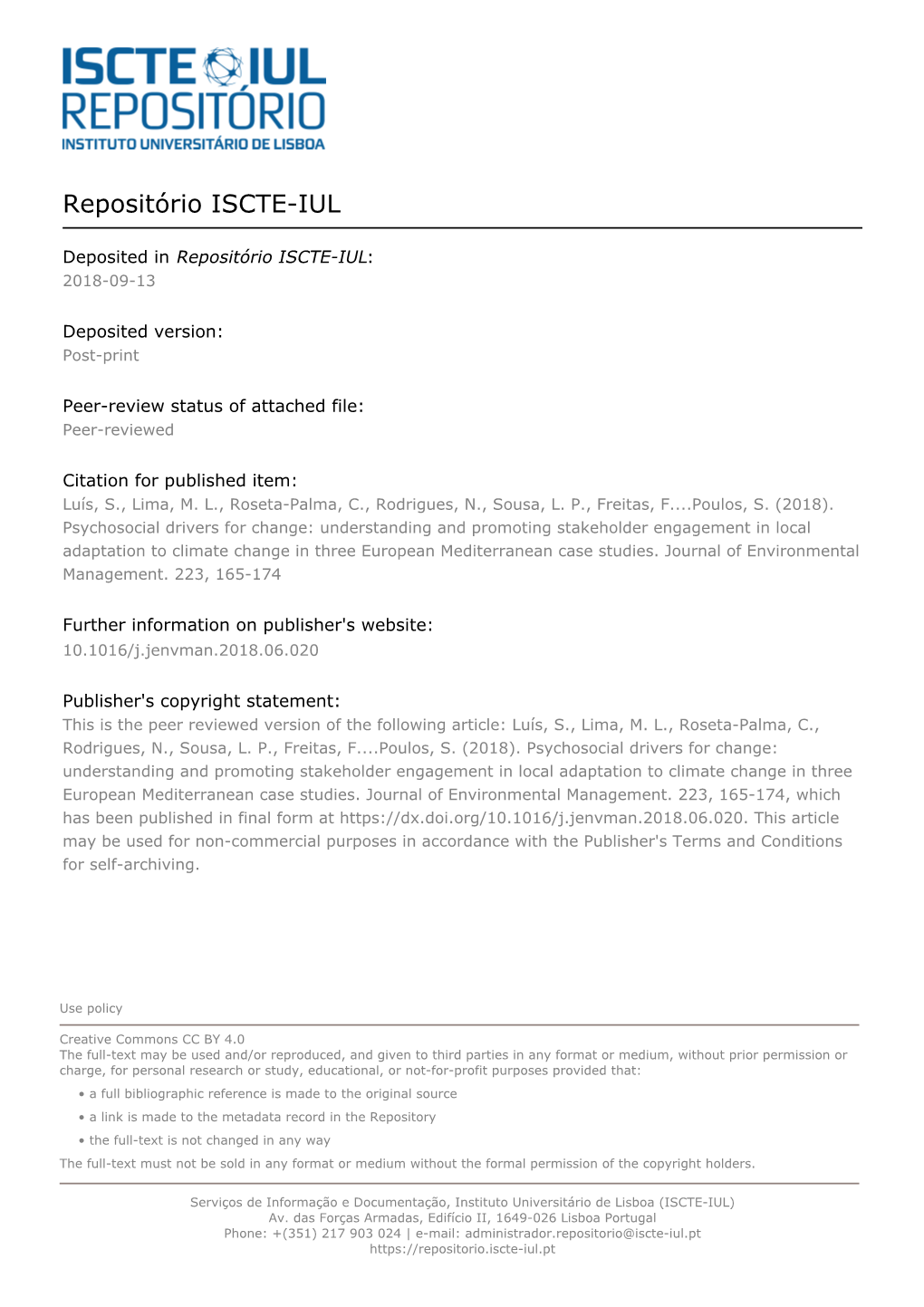 Psychosocial Drivers for Change: Understanding and Promoting Stakeholder Engagement in Local Adaptation to Climate Change in Three European Mediterranean Case Studies