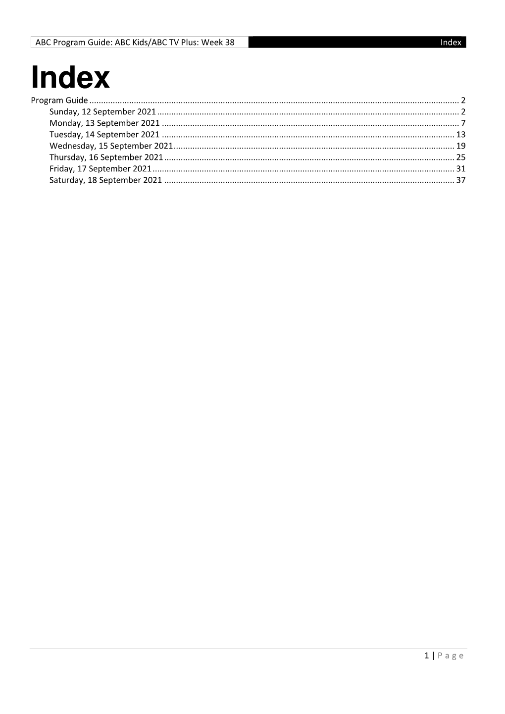 ABC Program Guide: ABC Kids/ABC TV Plus: Week 38 Index 1