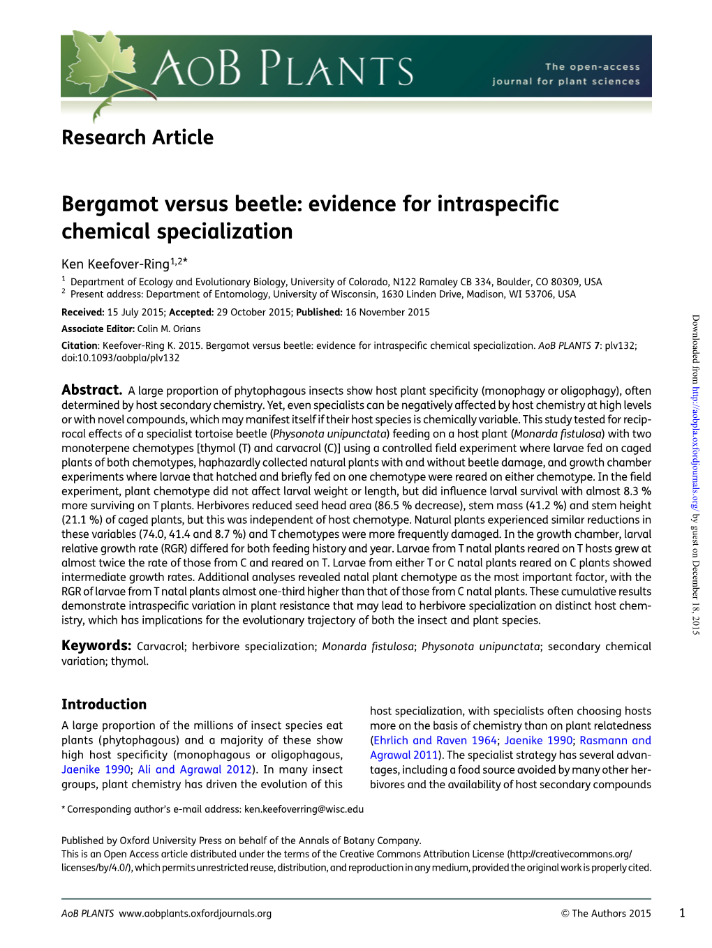 Bergamot Versus Beetle: Evidence for Intraspeciﬁc Chemical Specialization