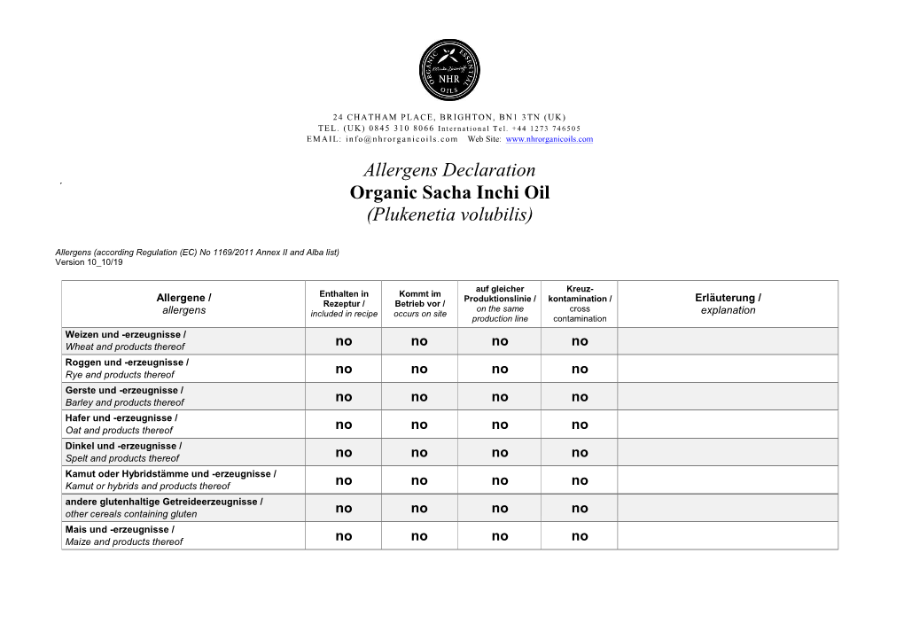 Allergens Declaration Organic Sacha Inchi Oil (Plukenetia Volubilis)