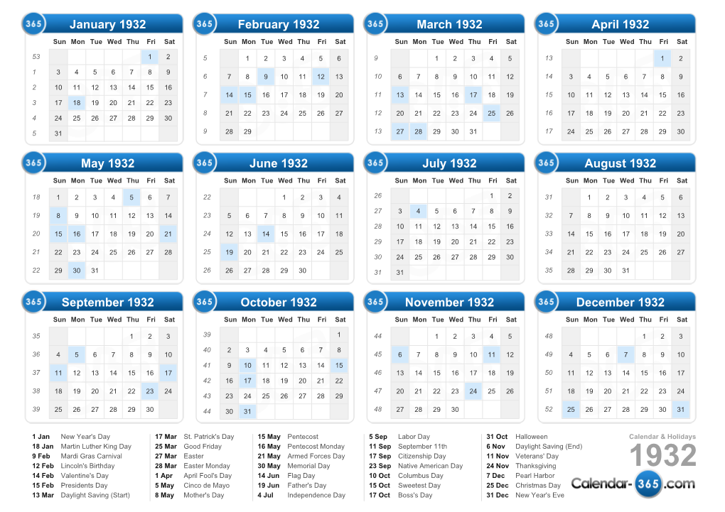 Calendar 1932 & Holidays 1932