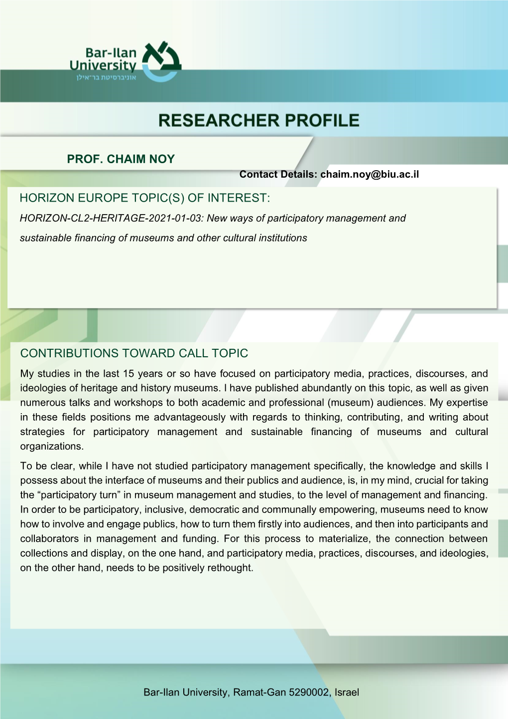 Prof. Chaim Noy Horizon Europe Topic(S) of Interest