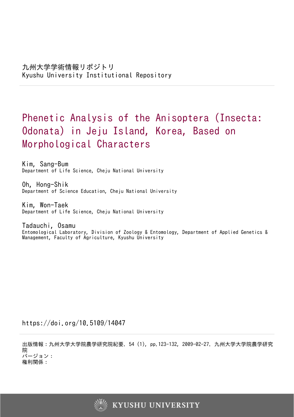 Phenetic Analysis of the Anisoptera (Insecta: Odonata) in Jeju Island, Korea, Based on Morphological Characters