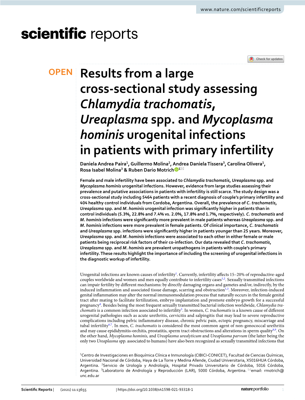 Results from a Large Cross-Sectional Study Assessing Chlamydia Trachomatis, Ureaplasma Spp. and Mycoplasma Hominis Urogenital In