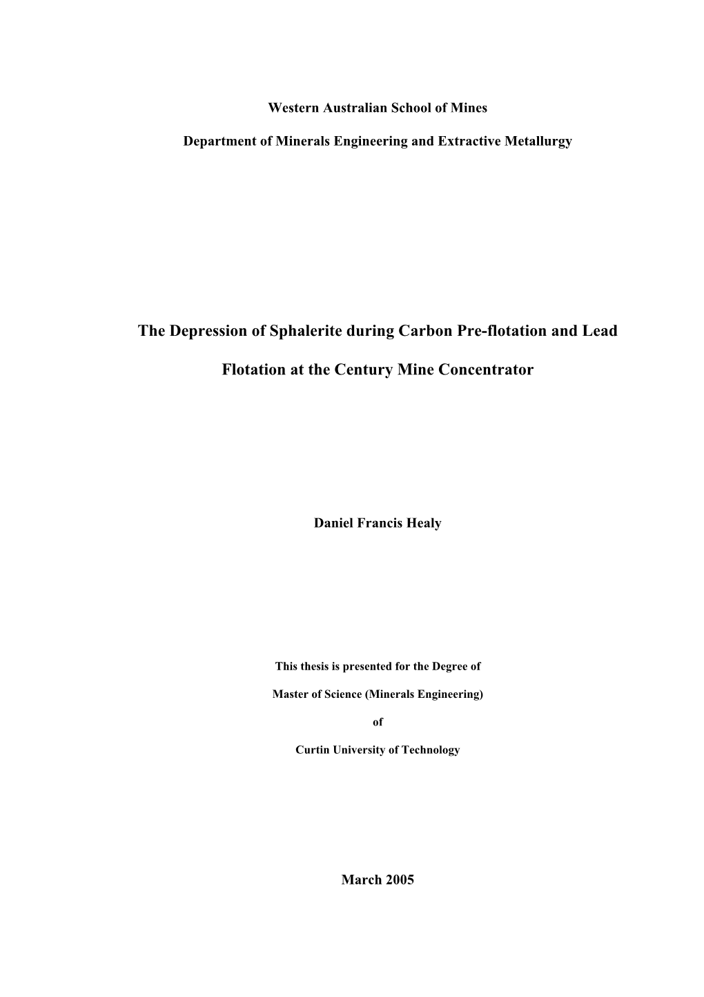 The Depression of Sphalerite During Carbon Pre-Flotation and Lead