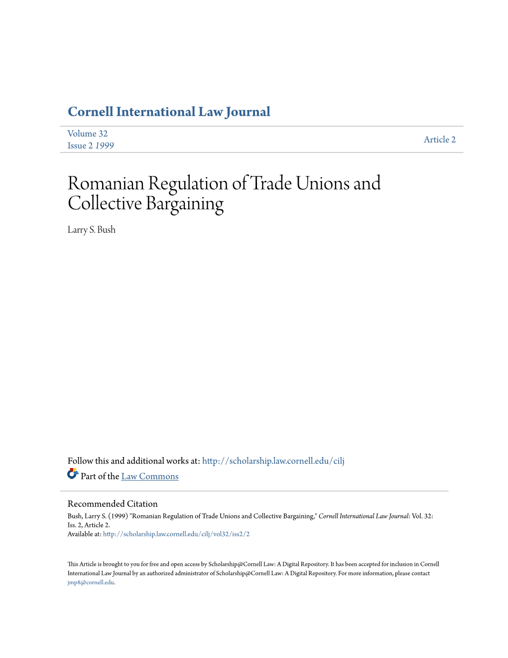 Romanian Regulation of Trade Unions and Collective Bargaining Larry S