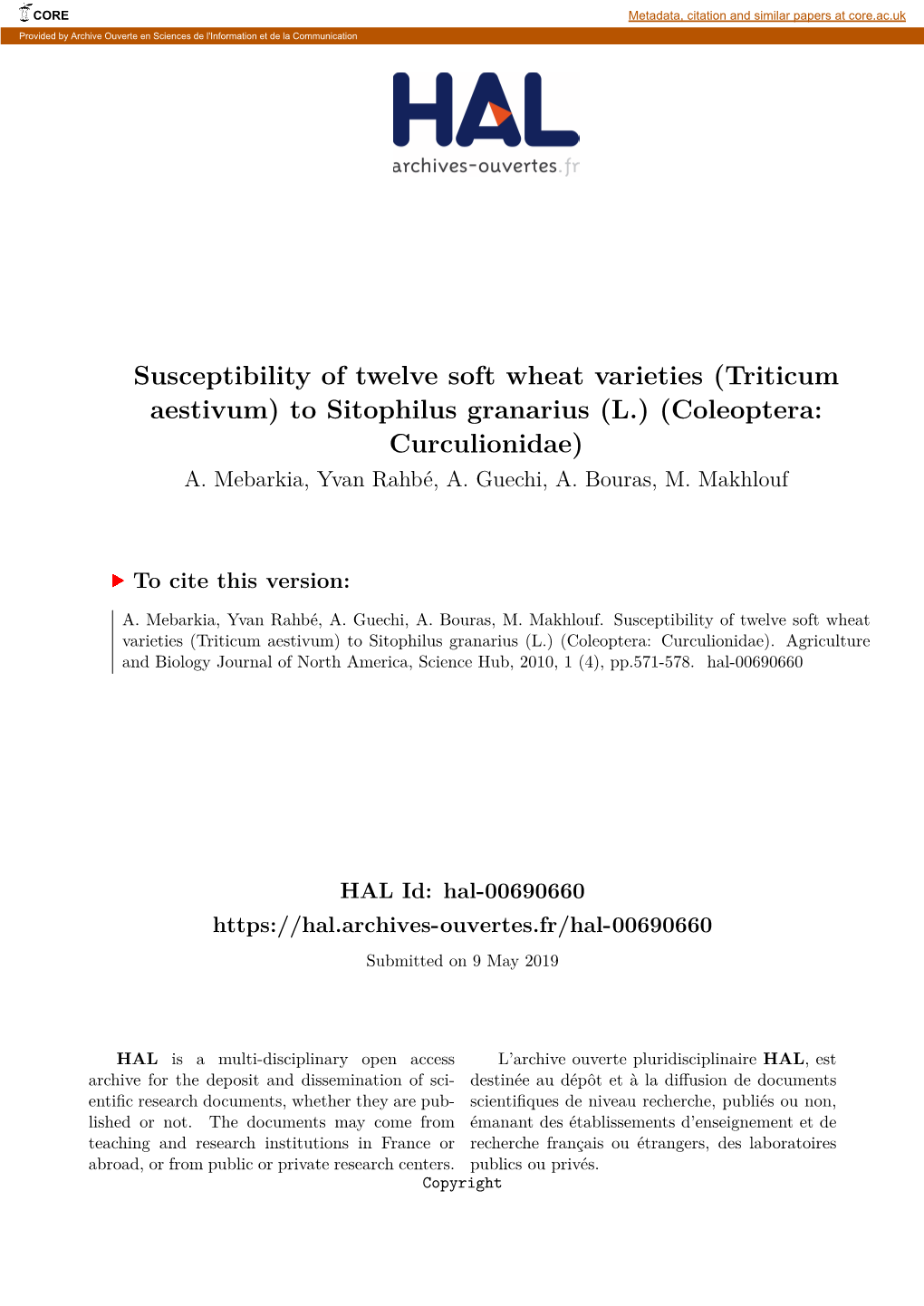 To Sitophilus Granarius (L.) (Coleoptera: Curculionidae) A