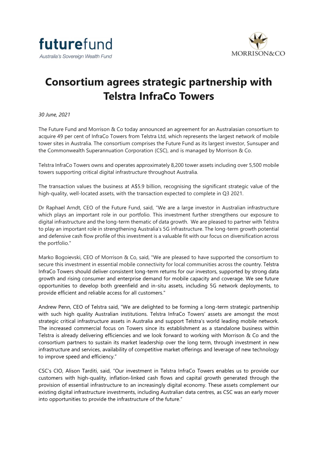 Consortium Agrees Strategic Partnership with Telstra Infraco Towers