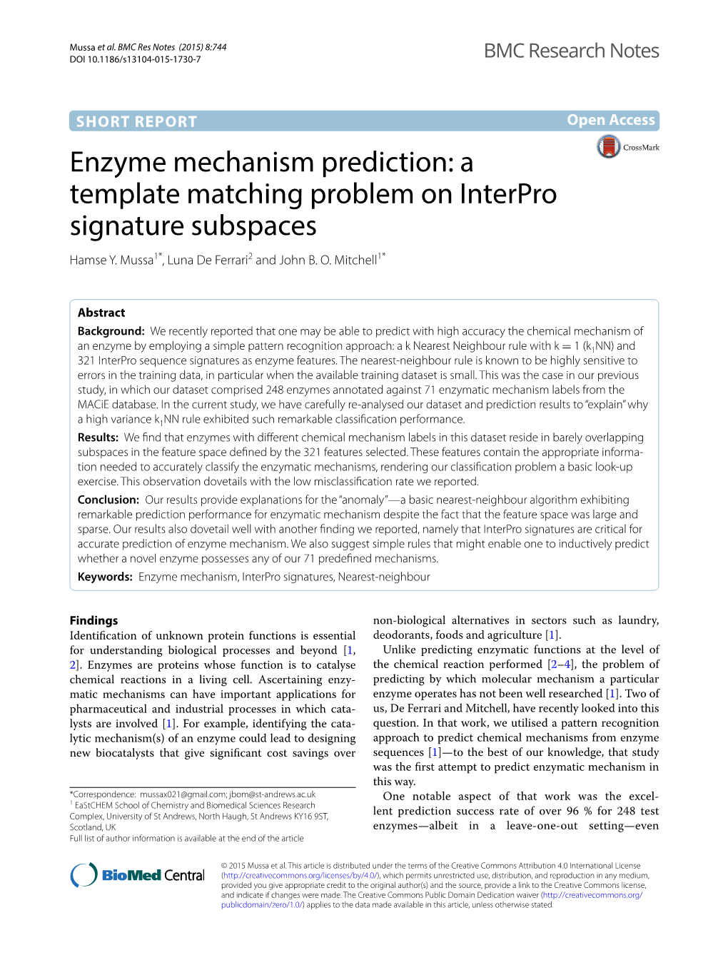 Enzyme Mechanism Prediction: a Template Matching Problem on Interpro Signature Subspaces Hamse Y