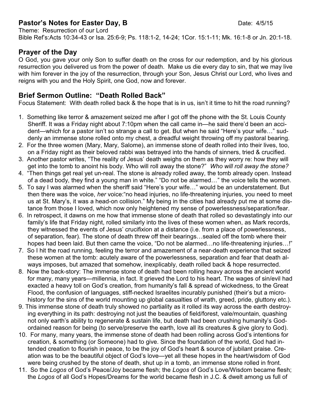 Pastor S Notes for Easter Day, B Date: 4/5/15