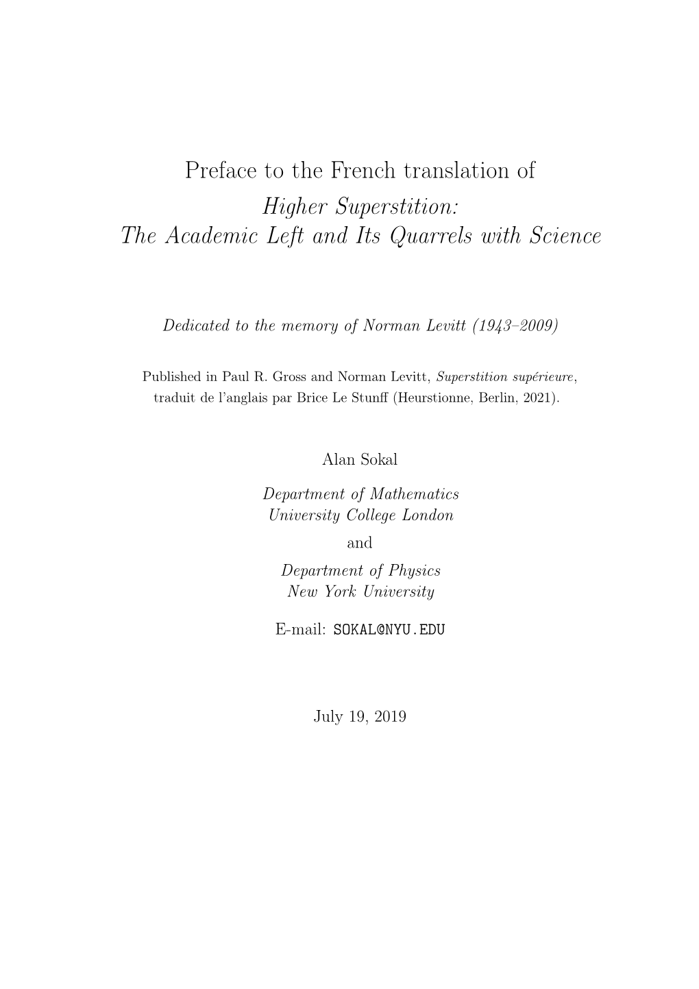 Preface to the French Edition of Gross + Levitt, Higher Superstition