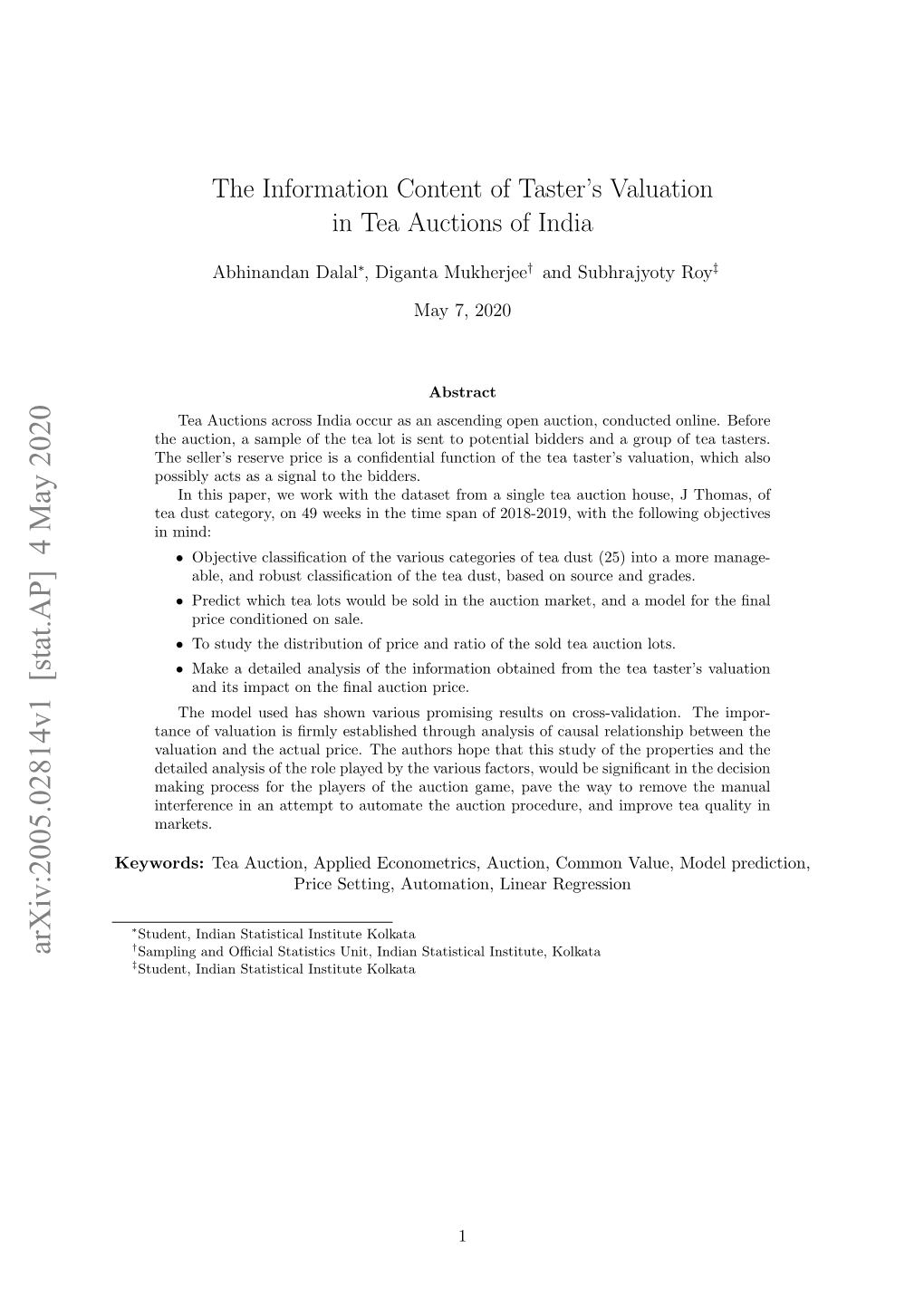 The Information Content of Taster's Valuation in Tea Auctions of India