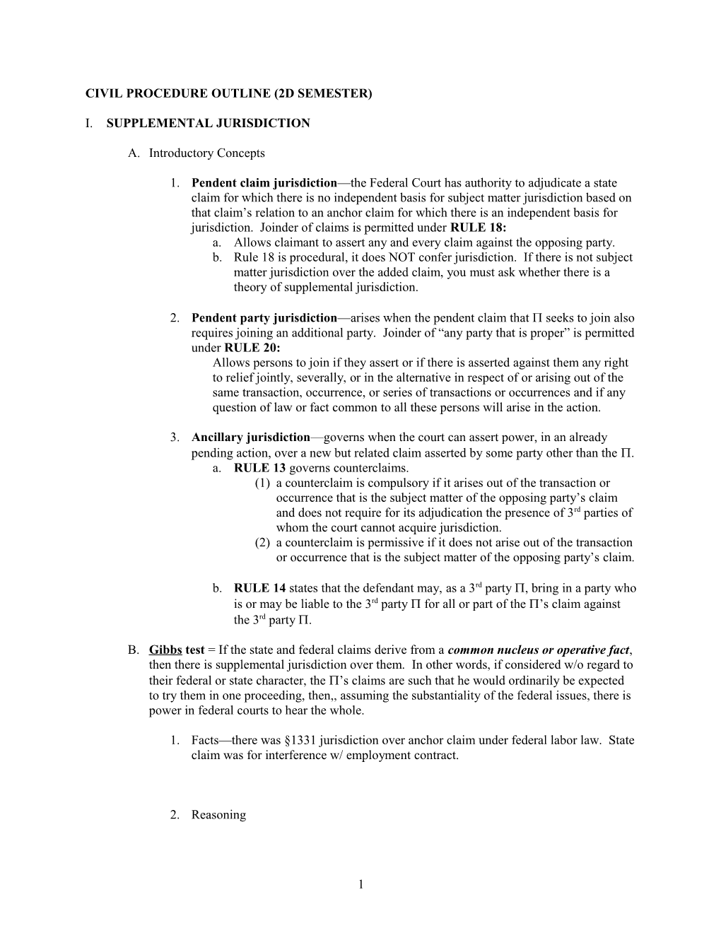 Civil Procedure Outline (2D Semester)