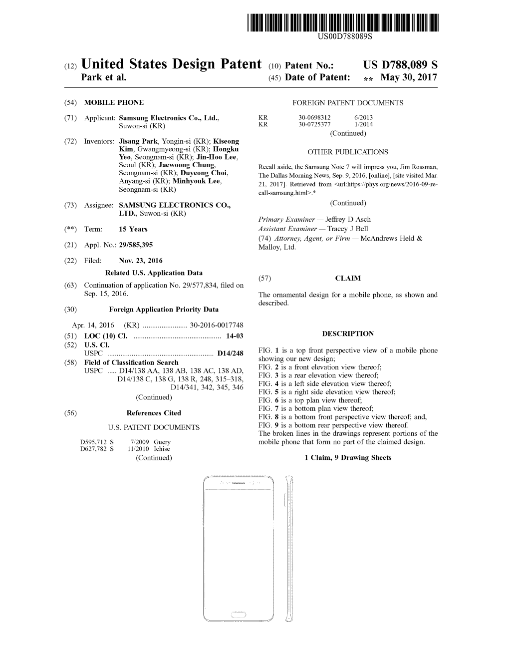 (12) United States Design Patent (10) Patent No.: US D788,089 S Park Et Al