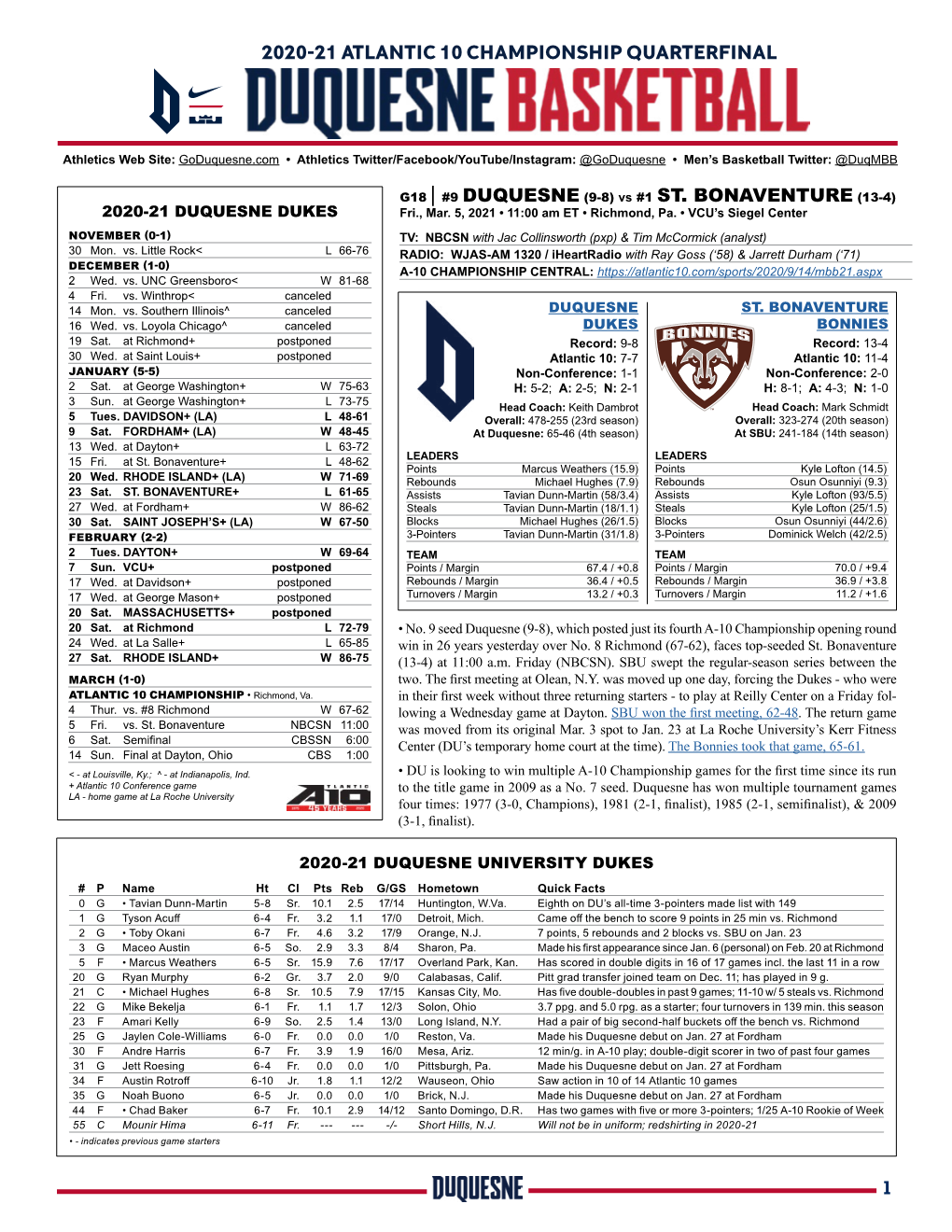 9 DUQUESNE (9-8) Vs #1 ST. BONAVENTURE (13-4) 2020-21 DUQUESNE DUKES Fri., Mar