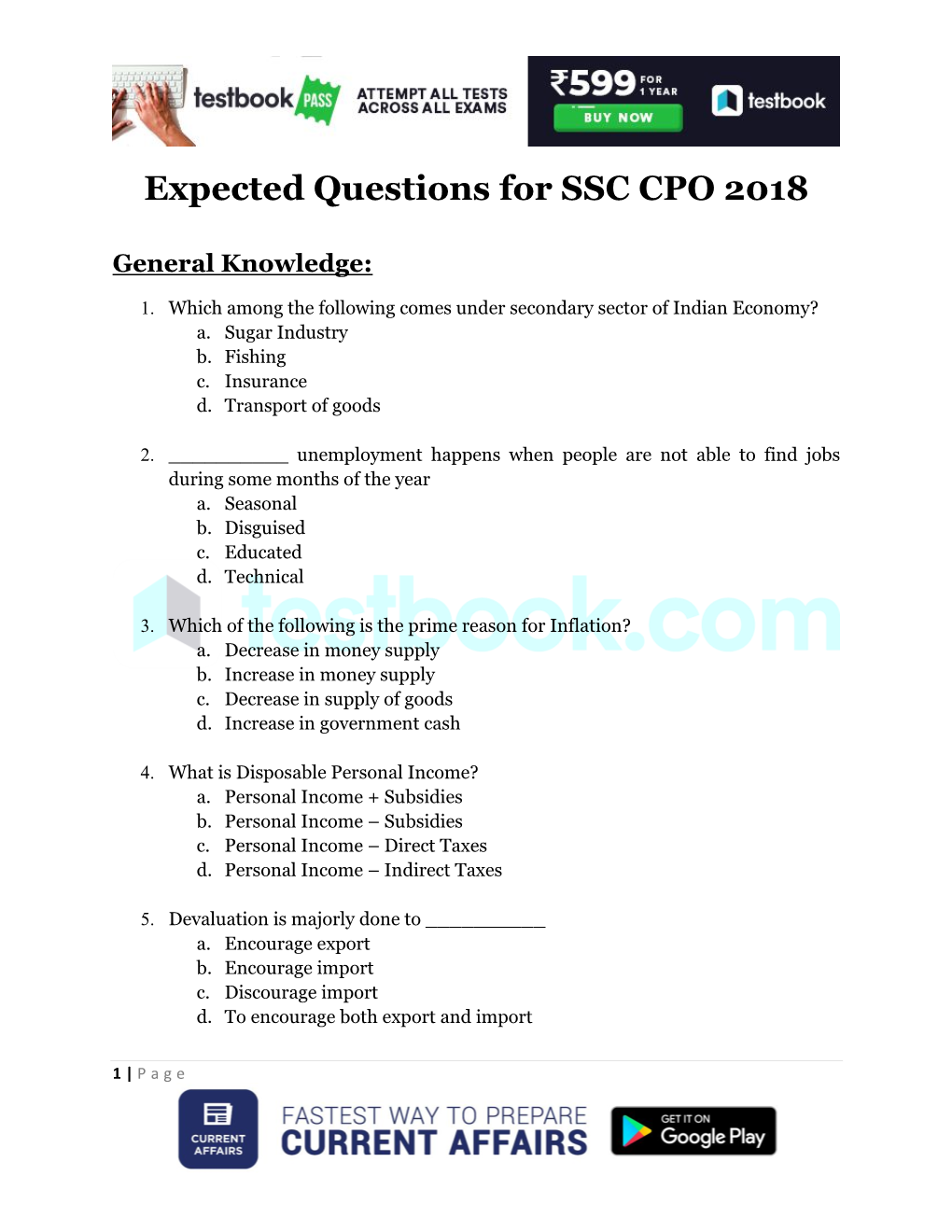 Expected Questions for SSC CPO 2018