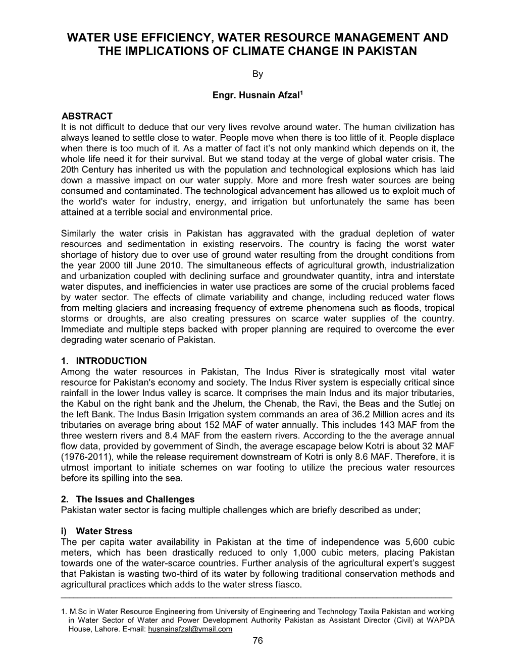 Water Use Efficiency, Water Resource Management and the Implications of Climate Change in Pakistan