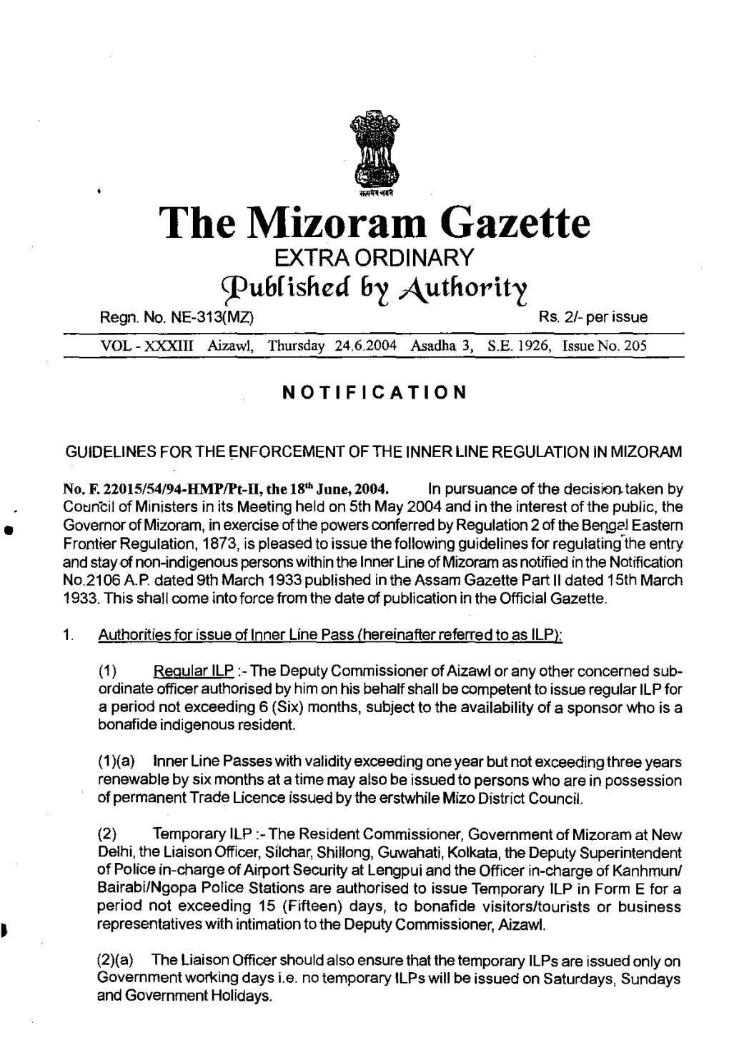 The Mizoram Gazette EXTRA ORDINARY 9?Ubhshcd B~ A.Uthorit~ Regn