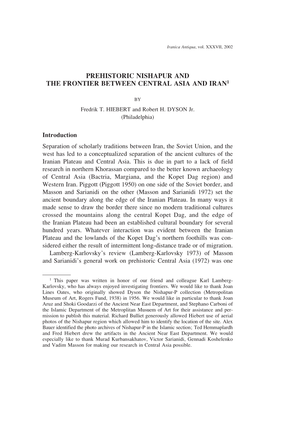 Prehistoric Nishapur and the Frontier Between Central Asia and Iran1