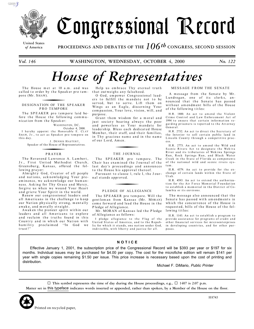 Congressional Record United States of America PROCEEDINGS and DEBATES of the 106Th CONGRESS, SECOND SESSION