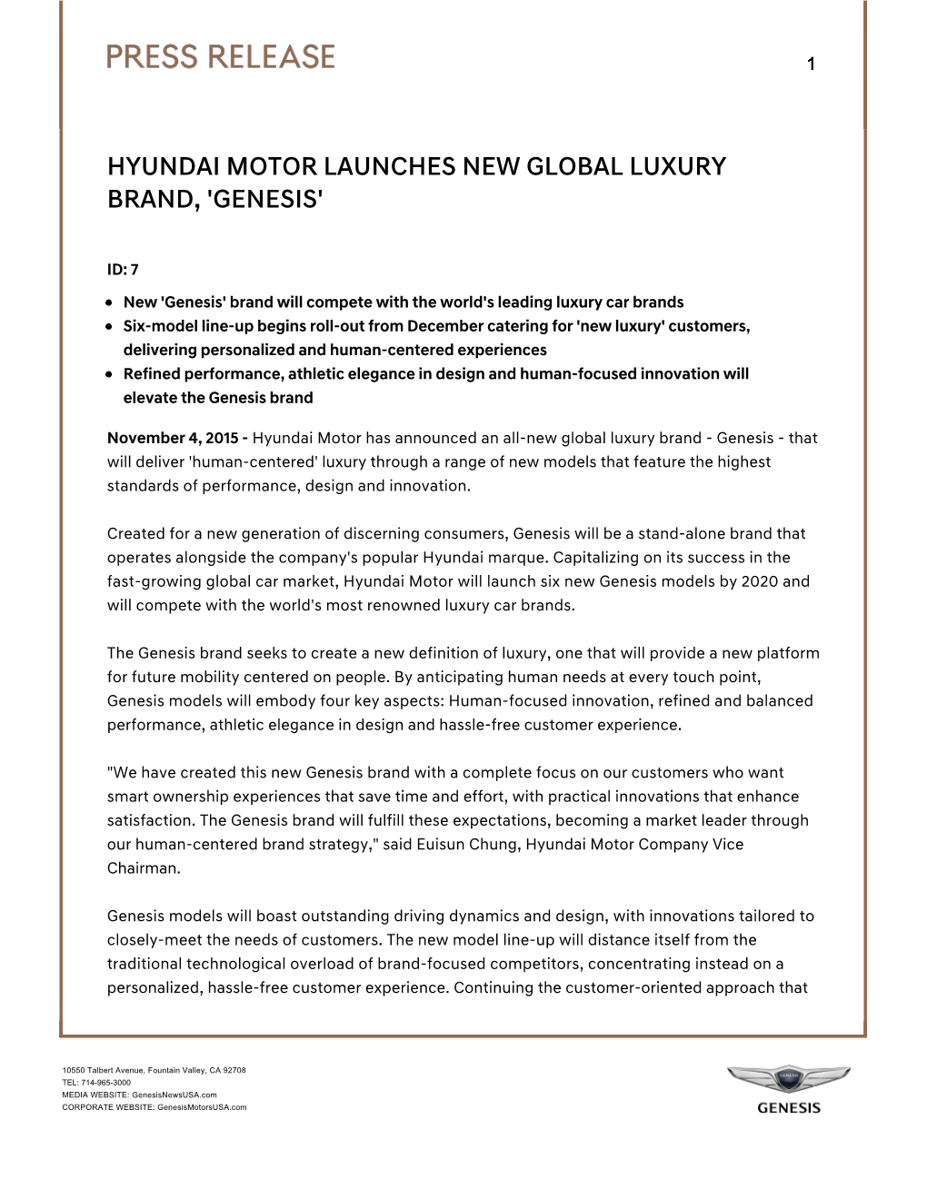 Hyundai Motor Launches New Global Luxury Brand, 'Genesis'