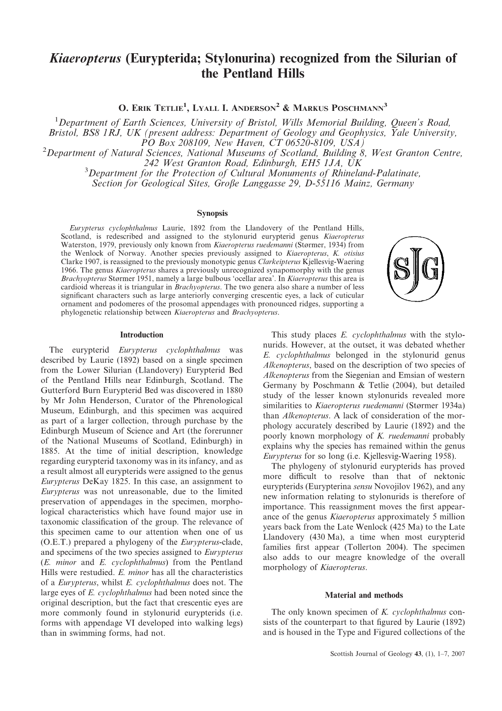 Kiaeropterus (Eurypterida; Stylonurina) Recognized from the Silurian of the Pentland Hills