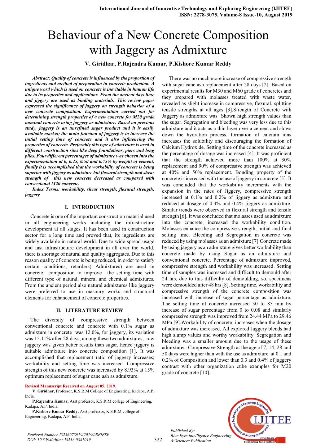 Behaviour of a New Concrete Composition with Jaggery As Admixture V