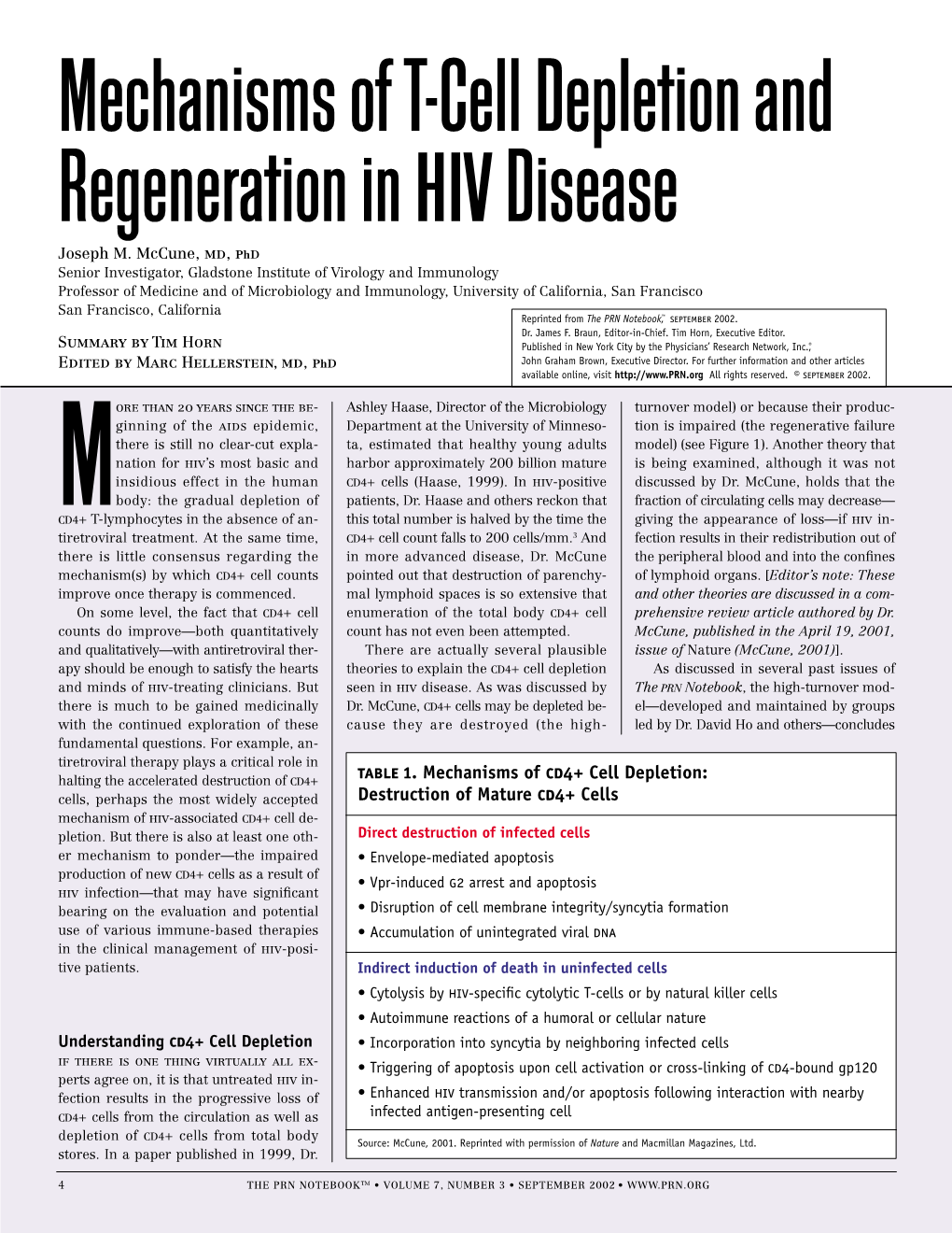 Mechanisms of T-Cell Depletion and Regeneration in Hivdisease Joseph M